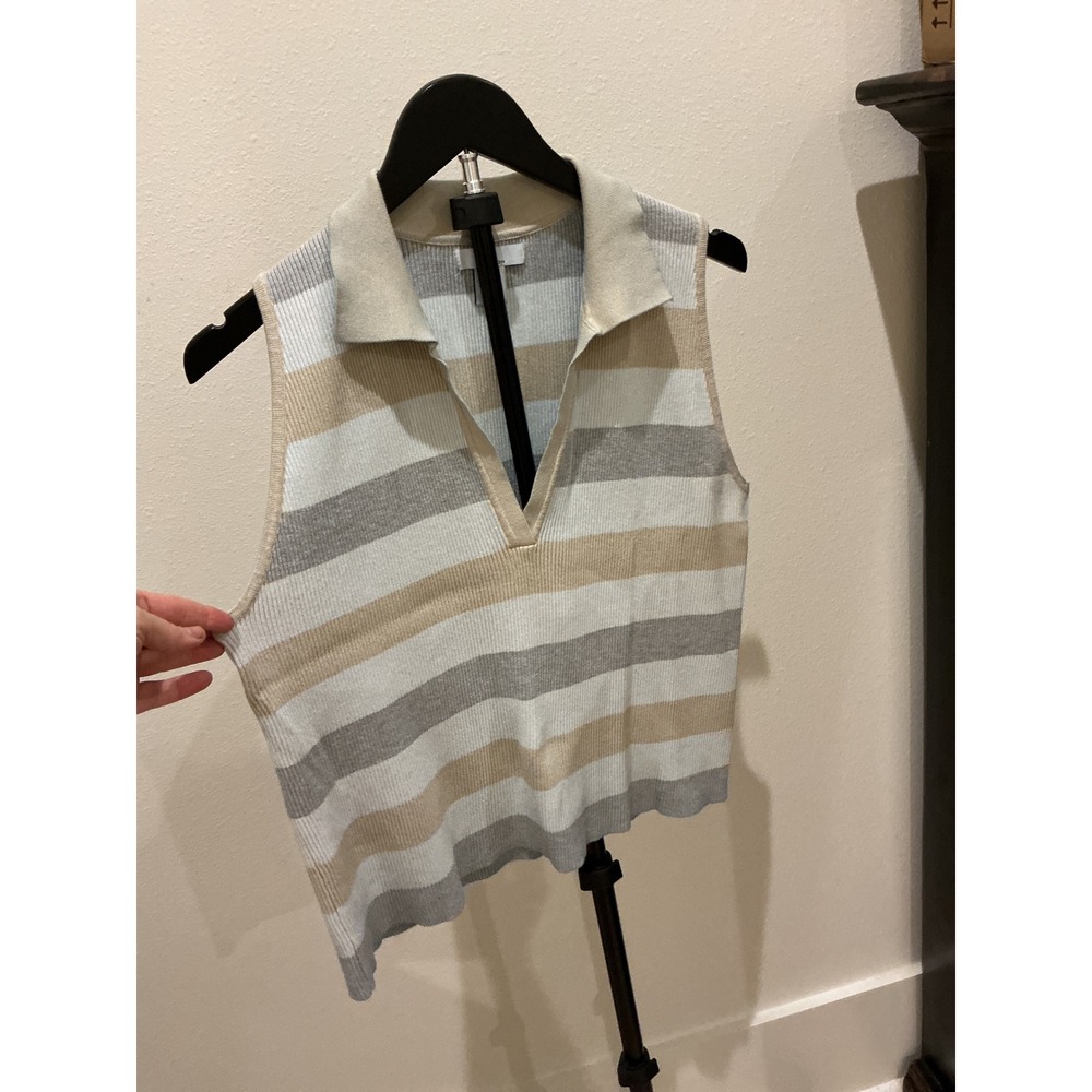 Halston Womens XL Striped Sleeveless Polo Knit Top V-Neck Ribbed Tan Grey Blue
